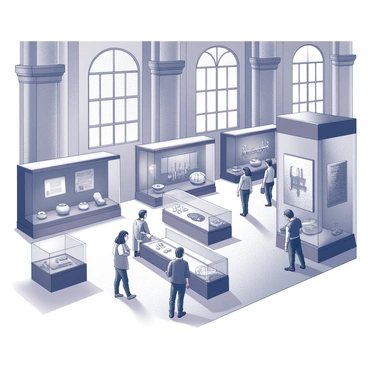 A historical museum with a spacious central hall filled with visitors. The hall features several display cases containing various artifacts, including ancient pottery, weapons, and scrolls. The visitors are intently examining the items, with some gathered around a large artifact in the center. The architecture of the museum includes high ceilings and ornate columns, giving a sense of grandeur. Light filters in through large windows, illuminating the exhibits and creating an inviting atmosphere for learning and exploration.