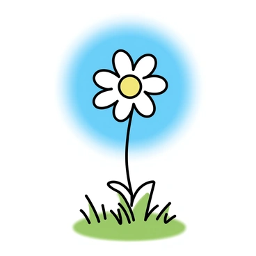 A single daisy with white petals and a yellow center, standing tall in the middle of a green field. The field is dotted with small tufts of grass and illuminated by bright sunlight. The sky above is clear blue, enhancing the warmth and brightness of the scene.