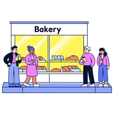 A row of customers standing outside a bakery in the early morning light. Each customer displays a variety of expressions, including excitement and anticipation. The bakery has a large glass display window showcasing freshly baked goods, including loaves of bread and pastries. The warm glow from the interior contrasts with the cool morning air. The exterior of the bakery features a simple sign that reads "Bakery" in a playful font. The pavement is slightly wet from recent rain, reflecting the soft light of dawn.
