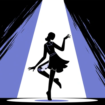 A dancer in a dynamic pose is illuminated by a single bright spotlight. The dancer's silhouette casts intriguing shadows on the wall behind, creating a play of light and darkness. The dancer is wearing a flowing outfit that accentuates their movements. The wall features a textured surface that enhances the contrast of the shadows. The scene conveys movement and energy through the dancer's graceful form and the dramatic lighting.