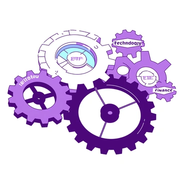 A series of interconnected gears, each labeled with different "ETF sectors," is turning together in a coordinated motion. The gears vary in size, with some larger and others smaller, creating a dynamic visual effect. Each gear has distinct labels representing sectors like "Technology," "Healthcare," and "Finance" in a clear font. The gears are colored in a combination of {color_1} and {color_2}, enhancing their visual appeal. The background is simple, allowing the focus to remain on the intricate details of the gears as they mesh and turn in harmony.