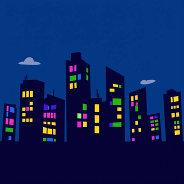 A nighttime city skyline filled with tall buildings and colorful animated lights. The buildings are silhouetted against a dark blue sky, while vibrant lights in various colors create dynamic patterns that move across the surfaces. Some windows are illuminated, adding to the lively atmosphere, and a few clouds drift softly in the background. Overall, the scene radiates energy and excitement.
