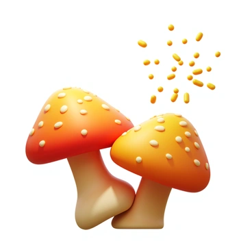 A close-up view of fungi with intricate textures and details on their surface. The fungi are shown in the process of releasing tiny spores into the air, creating a visible cloud of spores. The background is slightly blurred to emphasize the fungi and the spores being dispersed. Light is shining on the fungi, highlighting their colors and features.