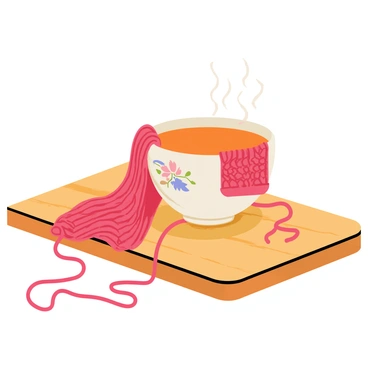 A steaming cup of tea placed on a wooden table. The cup is ceramic with a delicate floral pattern. Scattered around the table are several strands of bright red yarn, some tangled and others neatly coiled. A cozy knitted piece made from the red yarn is draped over the cup, showcasing a textured pattern of stitches. Soft wisps of steam rise from the cup, adding warmth to the scene.
