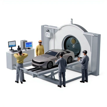 A group of engineers wearing safety goggles and lab coats is working in a high-tech wind tunnel. They are focused on a sleek car engine model placed on a testing platform. One engineer is adjusting the controls on a nearby computer, while another engineer is monitoring the flow of air through a transparent section of the tunnel. The wind tunnel features a large, curved entrance with high-speed fans visible at one end, creating a controlled airflow. Behind them, various instruments and screens display real-time data on aerodynamic performance.