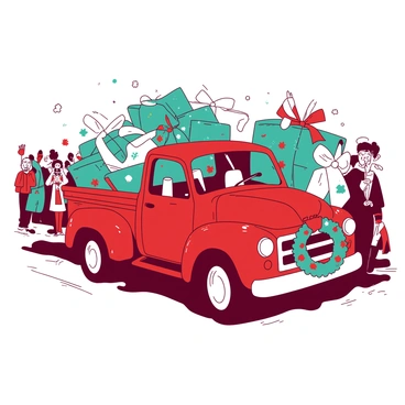 A red truck is decorated for a Christmas parade, covered in colorful twinkling lights and vibrant ribbons. The truck's bed is filled with oversized wrapped gifts in shades of teal and white, overflowing with bows. There are Christmas wreaths attached to the front grille and side mirrors, adding to the festive look. Snowflakes are gently falling around the truck, creating a cheerful holiday atmosphere. The truck is moving down the road, with spectators waving and taking photos in the background.