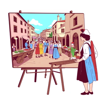 An illustrator is standing in front of a large canvas, focused on recreating "a historical scene" filled with people dressed in "period costumes." The setting includes cobblestone streets lined with old buildings, featuring architectural styles that reflect the era. Brightly colored fabrics and intricate patterns are visible in the costumes of men and women, who are engaged in various activities like conversing and selling goods. There are wooden carts and market stalls displaying items pertinent to the time. The atmosphere conveys the busy life of that historical period.