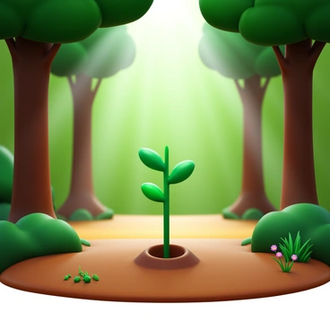 A young sapling with bright green leaves emerging from the ground in a forest clearing. Sunlight filters through the canopy above, creating dappled light patterns on the forest floor. The surrounding trees have thick trunks and lush foliage, enhancing the natural setting. The soil around the sapling is rich and dark, showing signs of recent rainfall. Small patches of grass and wildflowers are visible nearby, adding color to the scene.