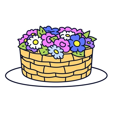 A cake shaped like a woven basket with intricate details mimicking a basket's texture. The cake is decorated with a variety of vibrant edible flowers, including daisies, roses, and violets, positioned artistically to create a colorful arrangement. The base of the cake rests on a simple white plate, emphasizing the floral decorations on top.