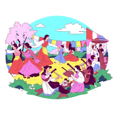 A vibrant scene of a spring festival unfolds, featuring several dancers wearing flowing garments in shades of {color_1} and {color_2}. The dancers move gracefully, their vibrant outfits swaying with the rhythm of the festival. Surrounding them, musicians are seated on a colorful grassy patch, skillfully playing lyres. The musicians are dressed in traditional attire, with their instruments reflecting the sunlight. Colorful banners and flowers decorate the area, adding to the festive atmosphere. The sky above is a clear blue, creating a perfect backdrop for this lively celebration.