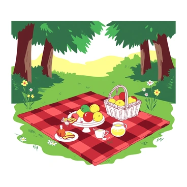 A red checkered blanket is spread out on the soft green grass in a forest glade. Surrounding the blanket are tall trees with lush green leaves filtering sunlight. On the blanket, there are various picnic items including a white wicker basket filled with assorted fruits and a white plate holding sandwiches. A small glass pitcher filled with lemonade sits beside a pair of glasses. Nearby, a few colorful wildflowers add a touch of brightness to the scene.
