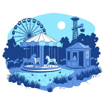 An overgrown amusement park is visible, with wild grass and weeds covering the ground among the rusted rides. A large faded carousel stands in the center, its once brightly colored horses now chipped and covered in patches of rust. In the background, a tall, dilapidated Ferris wheel looms, its seats swaying slightly in the night breeze. The scene is illuminated by a glowing full moon, casting silvery light across the eerie surroundings. Shadows stretch across the ground, enhancing the sense of abandonment. A crumbling ticket booth is situated nearby, with vines creeping over its structure, adding to the desolate atmosphere of the park.
