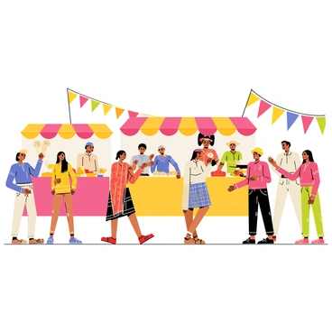 A vibrant festival scene featuring a variety of people wearing traditional costumes from different cultures. Some individuals are dressed in colorful saris, while others wear kilts and sombreros. Stalls filled with an array of foods are present, showcasing dishes such as dumplings, tacos, and curry. Colorful banners and flags flutter in the breeze, adding to the lively atmosphere. The scene is bustling with activity, with people dancing and laughing, creating a sense of joy and community.