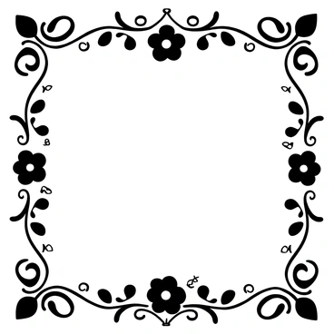 An intricately patterned border surrounding a blank central space, featuring floral designs, geometric shapes, and ornate swirls. The border includes symmetrical elements that create a sense of balance and elegance. Small motifs such as leaves and vines are interwoven throughout the design, adding texture and detail. The overall composition is framed with a thicker line, emphasizing the decorative nature of the border.