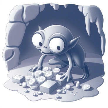 A creature with large, bulging eyes and a gaunt frame is crouching protectively over a pile of glittering treasures. The setting is a dimly lit cavern, with uneven rock walls and stalactites hanging from the ceiling. Shadows dance around the creature, creating an ominous atmosphere. The treasure includes a variety of gold coins, shimmering jewels, and ancient artifacts scattered across the rocky ground. The creature's expression is one of fierce determination and possessiveness as it watches over the hoard.