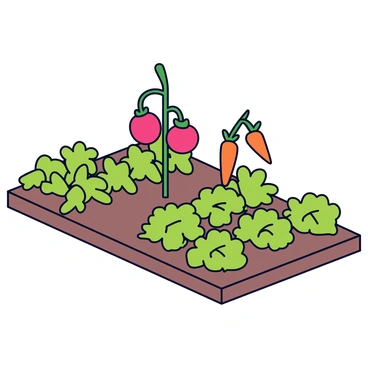 A small vegetable garden featuring rows of green plants. There are vibrant red tomatoes hanging from sturdy green vines. In another section, orange carrots with green tops are partially visible above the soil. Additionally, clusters of crisp green lettuce are growing in neat patches. The garden is enclosed by a simple wooden border.