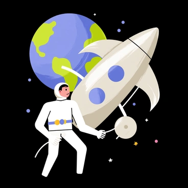 An astronaut in a white space suit is floating in the vastness of space outside a silver spaceship. The astronaut is tethered to the spaceship by a thin safety line. Behind the astronaut, the Earth is prominently visible, showcasing its blue oceans and green landmasses. The spaceship glimmers under the sunlight, reflecting the colors of space around it. Stars are scattered throughout the dark background, adding depth to the scene.