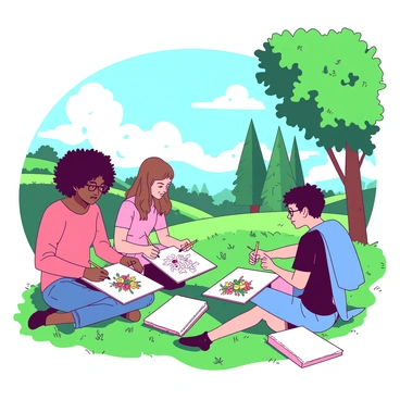 A group of students is sitting on green grass, engaged in an illustration lecture. Each student has a drawing pad open on their lap, with various sketches of trees and flowers. One student with curly hair is focused on a sketch of a tall tree, while another with glasses is drawing a cluster of colorful flowers. Sunlight filters through the leaves of nearby trees, casting dappled shadows on the students. In the background, there are hints of a serene landscape, with a gentle blue sky and a few white clouds drifting by. The atmosphere is lively and creative, filled with the sound of pencils scratching on paper.