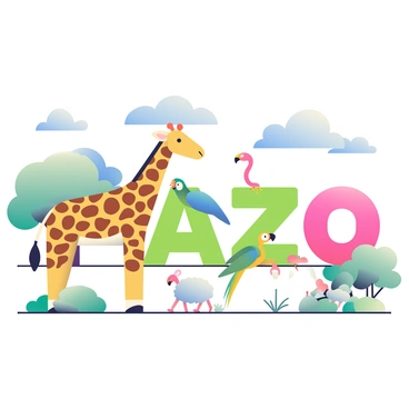A zoo scene features various animals positioned creatively to form words with their coats or feathers. In the foreground, a large giraffe with a patterned coat of brown and yellow spots stands proudly, its neck arched, forming the letter "G". Next to it, a parrot with vibrant green feathers and bright blue wings flaps its wings, creating the letter "A". To the right, a fluffy white sheep stands on a grassy patch, its woolly coat shaped to form the letter "O". In the background, a pair of flamingos with long, slender necks are presented in a graceful stance, blending their pink feathers together to complete the letter "L". Above them, a bright blue sky with fluffy clouds sets the scene, while several trees and bushes provide a natural enclosure for the animals.