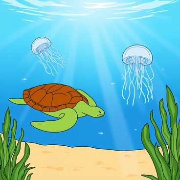 A vibrant seascape featuring a clear blue ocean. In the foreground, a large green sea turtle swims gracefully, its shell glistening in the sunlight. Nearby, several translucent jellyfish drift slowly, their bell-shaped bodies and long tentacles creating a mesmerizing display. The ocean floor is covered with lush green seaweed that sways gently with the currents, adding depth to the scene. Small fish can be seen darting among the seaweed, contributing to the lively underwater atmosphere. Sunlight filters down through the water, creating shimmering patterns on the sandy bottom.