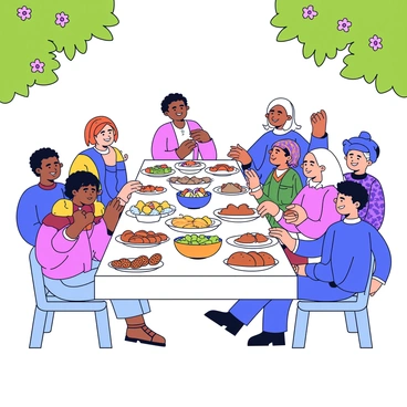A long outdoor table is set with an array of colorful dishes, including fruits, breads, and various traditional foods. Around the table, diverse groups of people from different faiths are seated, each dressed in traditional attire representing their culture. Some individuals are smiling and engaging in conversation, while others are serving food to each other. In the background, green trees and flowers frame the scene, and soft sunlight illuminates the gathering, creating a warm atmosphere.