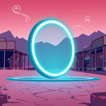 A large, glowing portal stands in the center of a dusty western town, its edges shimmering with a vibrant blue light. The ground around the portal is cracked and dry, covered in a layer of fine dust. Tumbleweeds roll by, dancing in the breeze and bouncing off the wooden structures of the town, which include weathered saloons and old wooden shacks. The sky above is a deep orange hue, indicating a sunset, casting long shadows across the town. In the distance, rugged mountains outline the horizon, completing the scene of this quaint yet mysterious western setting.