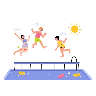 A group of three kids in colorful swimsuits are joyfully jumping on a large rectangular trampoline. The trampoline is positioned near a sparkling blue pool, and each jump sends droplets of water flying through the air, creating a playful splash. The sun is shining brightly in a clear blue sky, illuminating the scene. One child with curly hair is mid-air, while another child with sunglasses is laughing. The third child, wearing a bright yellow swimsuit, is preparing for a jump. The pool is filled with clear water, and several floaties can be seen drifting nearby.