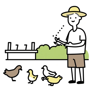 A kampung resident, an elderly man with a straw hat, is standing in a grassy backyard. He is wearing a simple white shirt and brown shorts. In his hands, he is scattering grains on the ground. A few chickens, with brown and white feathers, are pecking at the grains. Nearby, two ducks, one yellow and one white, are waddling towards the food. The backyard is surrounded by green shrubs and has a small wooden fence in the background.