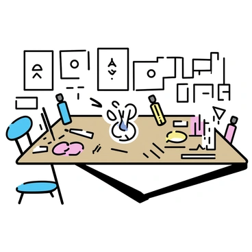 A cluttered artist's workspace, featuring a wooden table covered with various art supplies. There are tubes of paint in bright colors, brushes of different sizes, and sketchbooks scattered around. In the center, there is a detailed illustration of a nipple, surrounded by color swatches and pencils. The walls are adorned with several unfinished sketches and art prints, adding to the creative atmosphere.