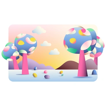 A whimsical landscape features large candy trees with vibrant pink and blue trunks, and oversized lollipops as leaves. The ground is sprinkled with colorful gumdrops and jellybeans, creating a playful terrain. A sunset sky fills the background with soft gradient colors of pastel orange, pink, and lavender, casting a warm glow over the scene. Fluffy white clouds drift lazily, reflecting the hues of the sky. In the distance, rolling hills made of chocolate resemble gentle waves, completing the enchanting view.