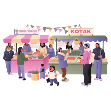A digital flat illustration depicting "Kotak," a small, cartoonish character, exploring a bustling market. The market is filled with vibrant, colorful stalls displaying various goods like fruits, vegetables, and handmade crafts. Each stall is adorned with bright awnings and signs. Happy vendors are shown smiling, interacting with customers, and promoting their products. Kotak is positioned in the center, looking curiously at a stall overflowing with fresh fruits in a rainbow of colors. There are people of different backgrounds walking around and engaging in conversations, creating a lively atmosphere. In the background, decorative bunting flags are strung above the market, adding to the festive environment.