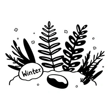 Frosted ferns are scattered across the ground, each frond detailed with intricate patterns of frost and a light layer of snow on top. The ferns vary in size, some standing tall while others lay flat against the snow-covered earth. Small snowflakes gently rest on the ferns, adding texture. The ground is blanketed in a smooth layer of snow, creating a soft contrast with the dark green of the ferns. "Winter" is written in stylized lettering on a nearby stone, partially covered in snow.