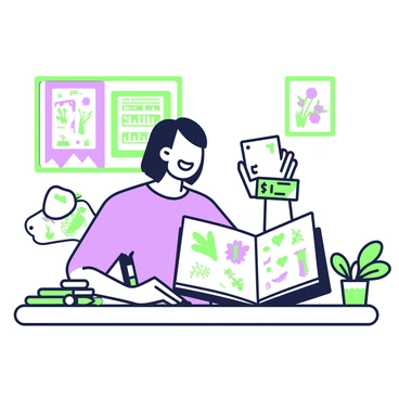 A scientific illustrator is sitting at a desk in a well-organized workspace. The desk is filled with neatly arranged drawing tools, including pencils, brushes, and an open sketchbook displaying colorful illustrations of plants and animals. The illustrator has medium-length hair and is wearing a comfortable shirt. They have a broad smile on their face as they hold a paycheck in their right hand. On the wall behind them, there are framed illustrations and a bulletin board filled with inspirational quotes and sketches. A small potted plant sits on the corner of the desk, adding a touch of greenery to the scene.