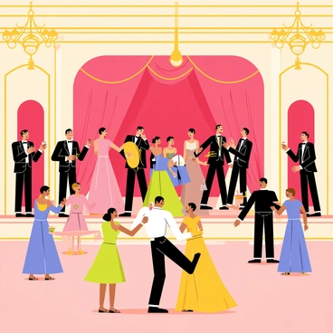 An elegant vintage music hall with ornate golden moldings and chandeliers hanging from the ceiling. A live band is positioned on a small stage, featuring musicians playing a violin, a trumpet, and a piano. Elegantly dressed guests in formal attire are waltzing across the polished wooden dance floor. Their colorful gowns and tuxedos create a vibrant contrast against the rich, deep red velvet curtains in the background. The atmosphere is lively, with some guests clapping along to the music while others enjoy drinks from small round tables adorned with white tablecloths.