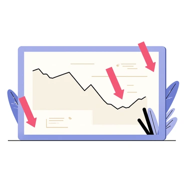 A dramatic scene with charts plummeting and 3D red arrows pointing downward
