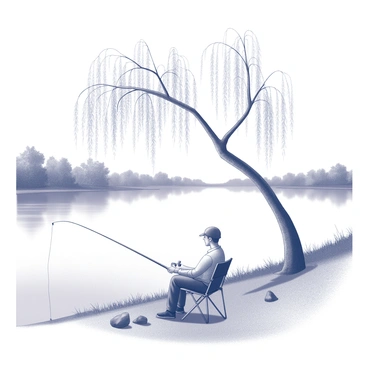 A serene riverside scene with an angler patiently fishing under a willow tree