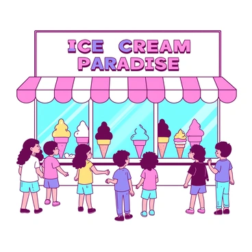 A bright ice cream parlor with a large colorful sign that reads "Ice Cream Paradise" in bold letters. The parlor has a shiny white exterior with large glass windows. Inside, colorful ice cream cones are displayed prominently behind the glass, showcasing various flavors. Children are standing outside, gazing in with excitement, their eyes wide and smiles on their faces. Some children are pointing at the ice cream selections, while others are holding small colorful cones of their own. The scene is lively and filled with an atmosphere of joy and anticipation.