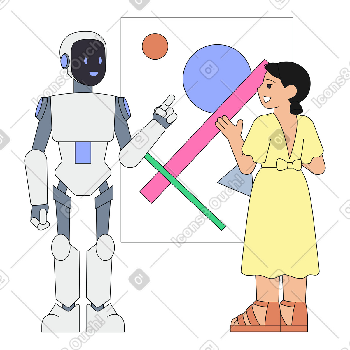 Robot explaining abstract painting to visitor, AI museum guide for enhanced learning experience illustration in Teko style download in PNG, SVG