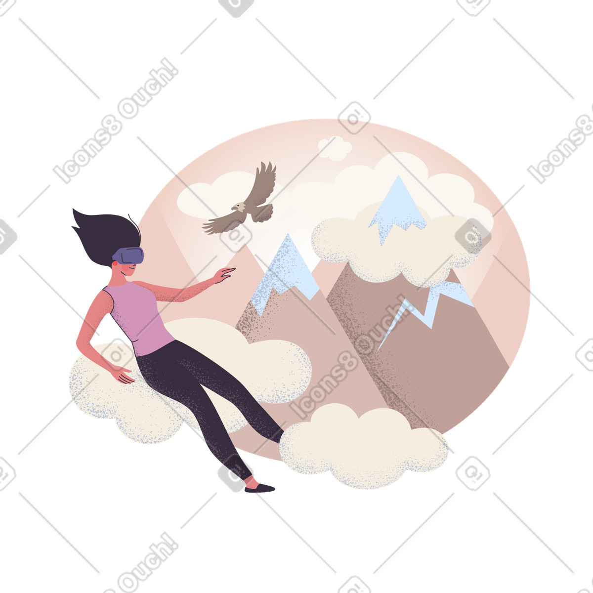 Woman in vr headset floating high the mountains illustration Pale style download PNG, SVG