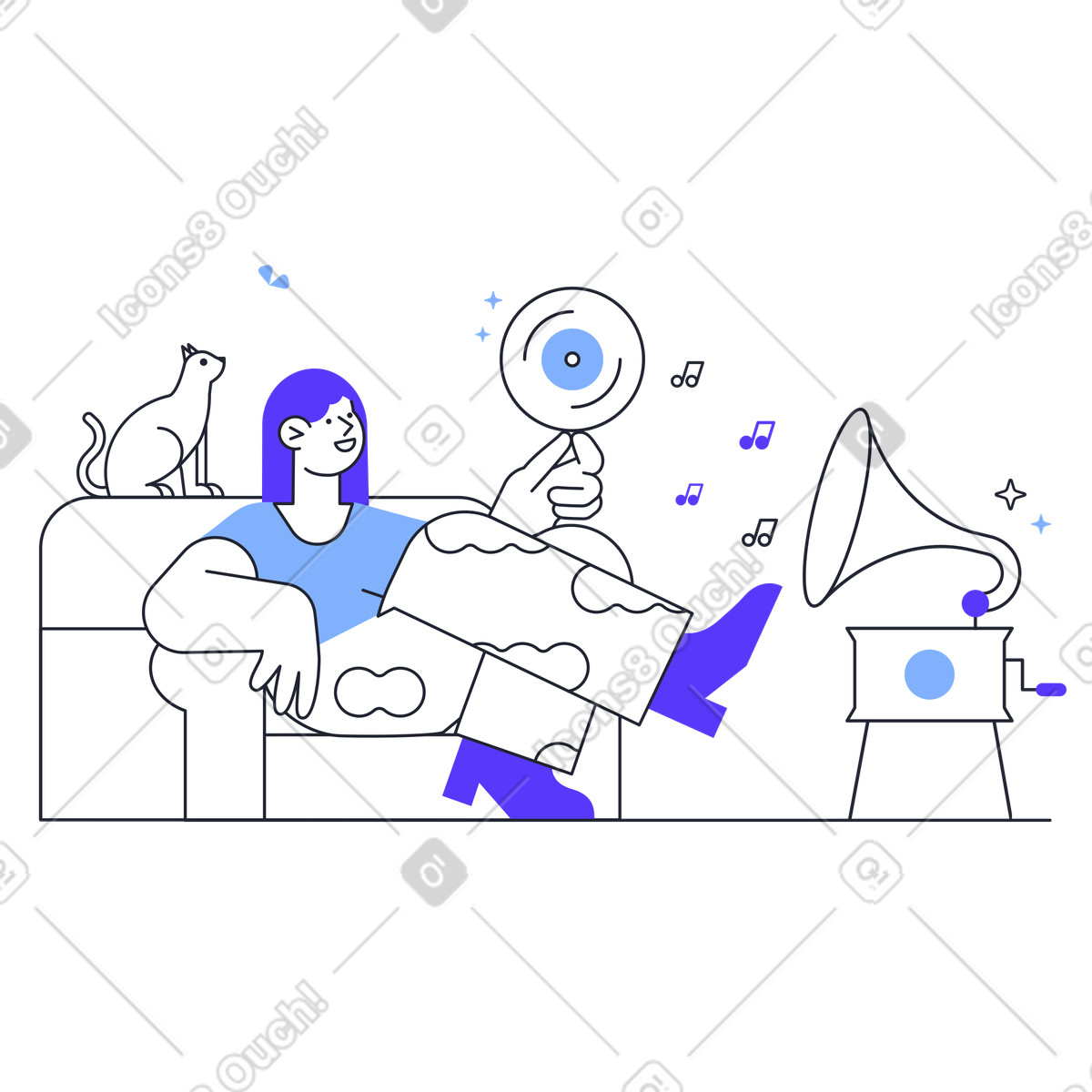 Illustration Femme écoutant de la musique avec un gramophone rétro dans le style Pablita à télécharger aux formats PNG, SVG