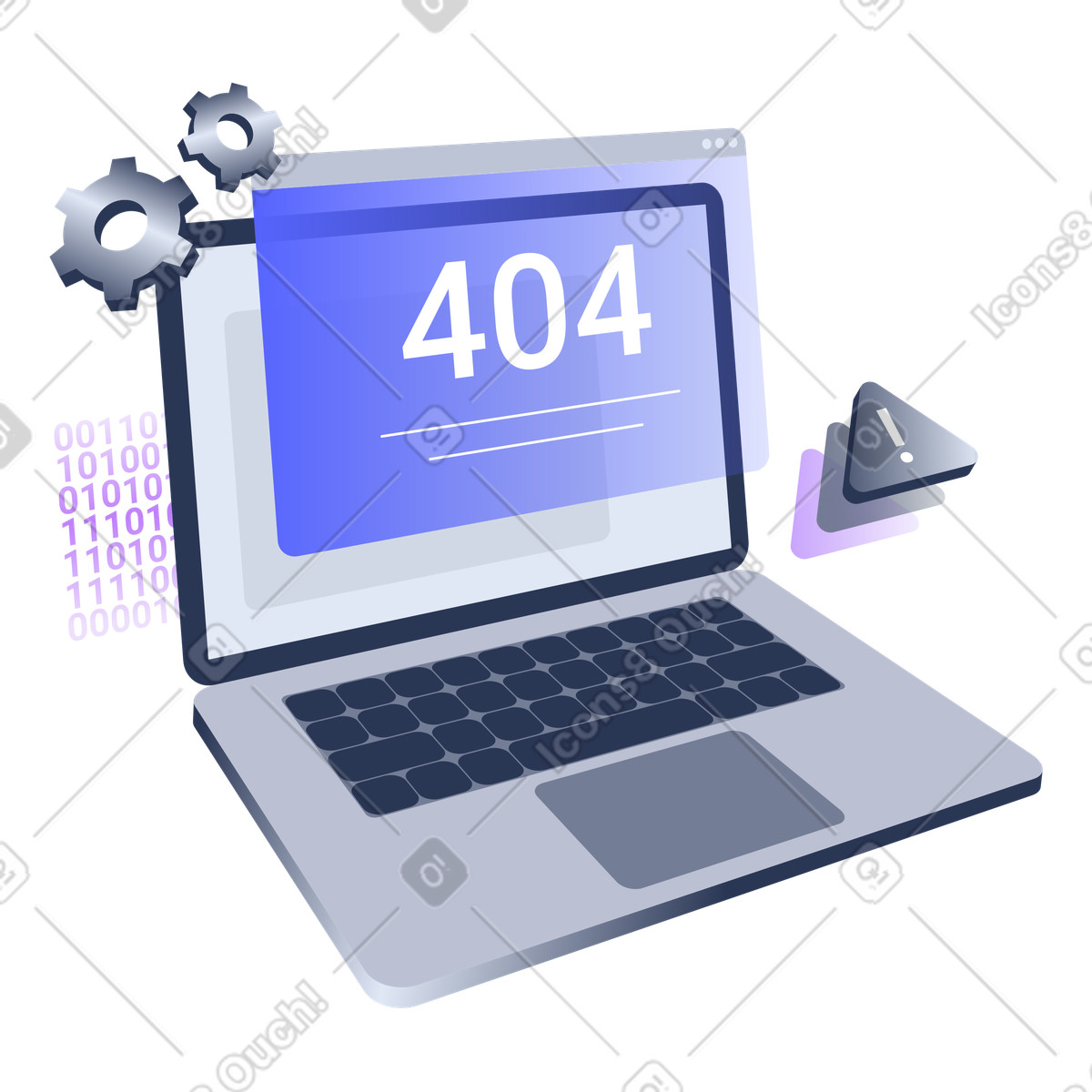 Ilustración Página no encontrada, alerta de mantenimiento del sistema, computadora portátil con pantalla error 404, ícono advertencia y engranajes en estilo Lucent a descargar en PNG SVG