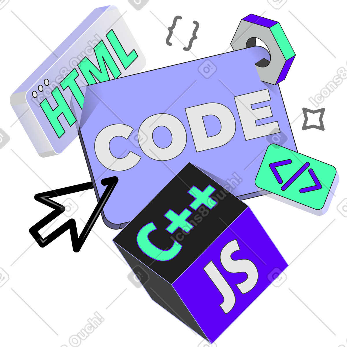 Programming language blocks with code text, web development and coding illustration in PNG, SVG
