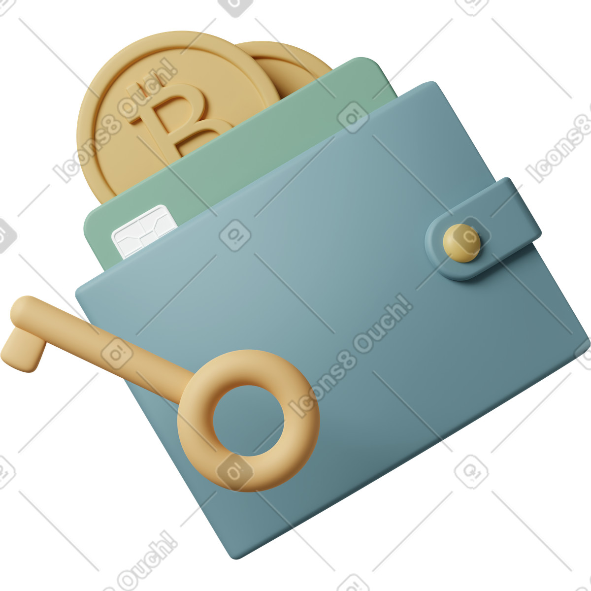 下载 3D Casual life 风格的 Bitcoin coins in wallet, secure digital payments 插画，支持 PNG、SVG 格式