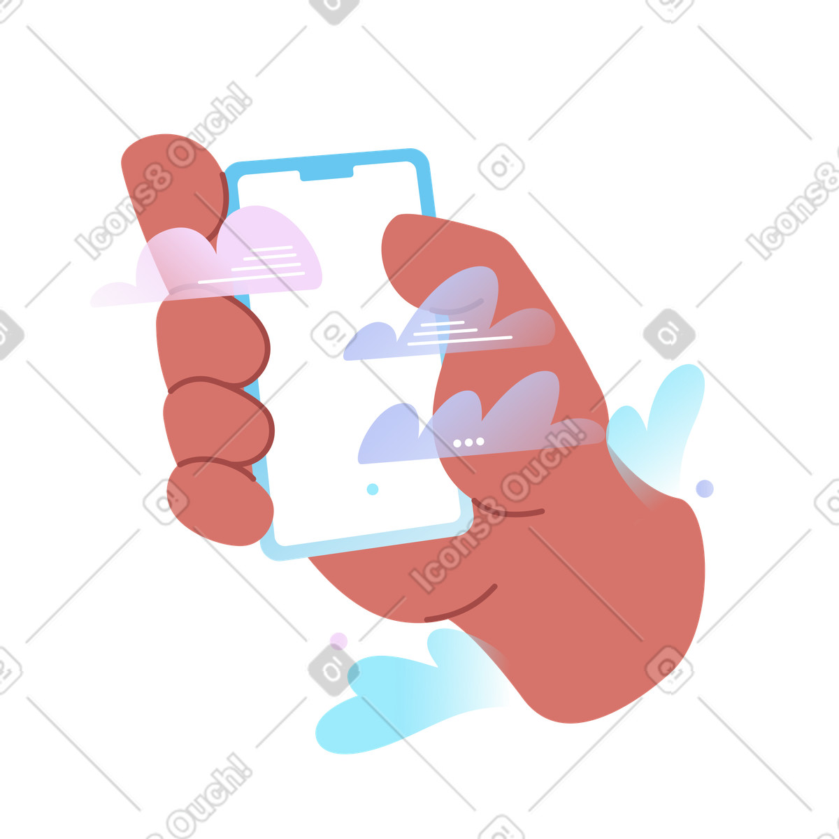 Ilustración Mano sosteniendo un teléfono con mensajes en estilo Airy a descargar en PNG y SVG