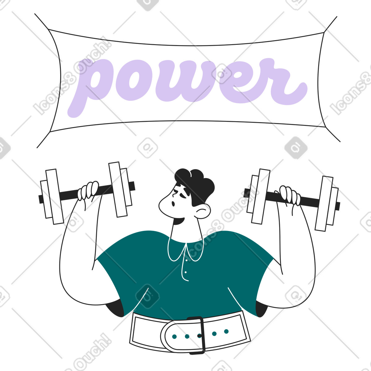 Athlete lifting weights under power banner, Workout or strength training-Illustration im Sammy Line-Stil als Download in PNG, SVG
