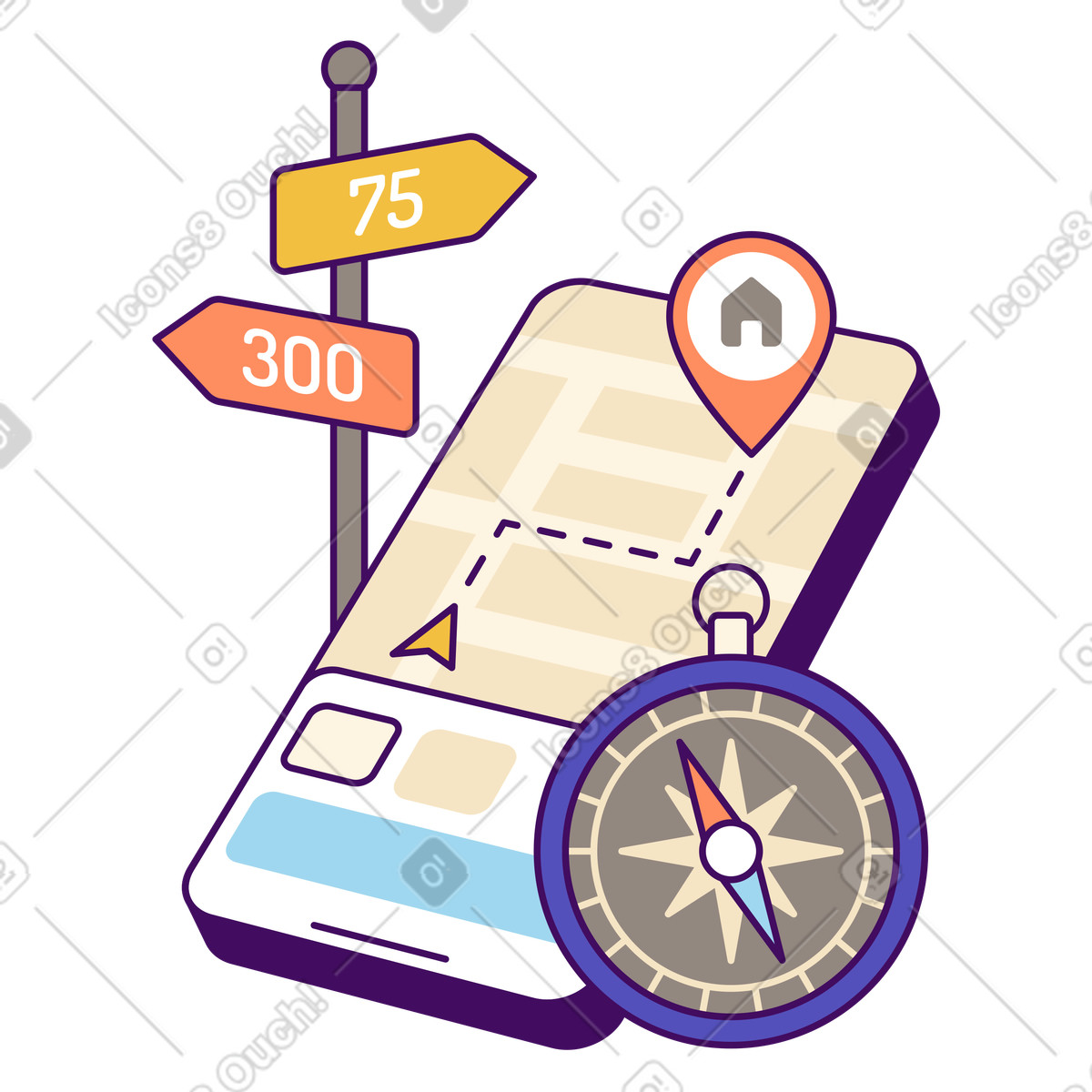 Navigations-app mit route zum ziel animierte Illustration im Simplistic-Stil als Download in GIF, Lottie (JSON), AE