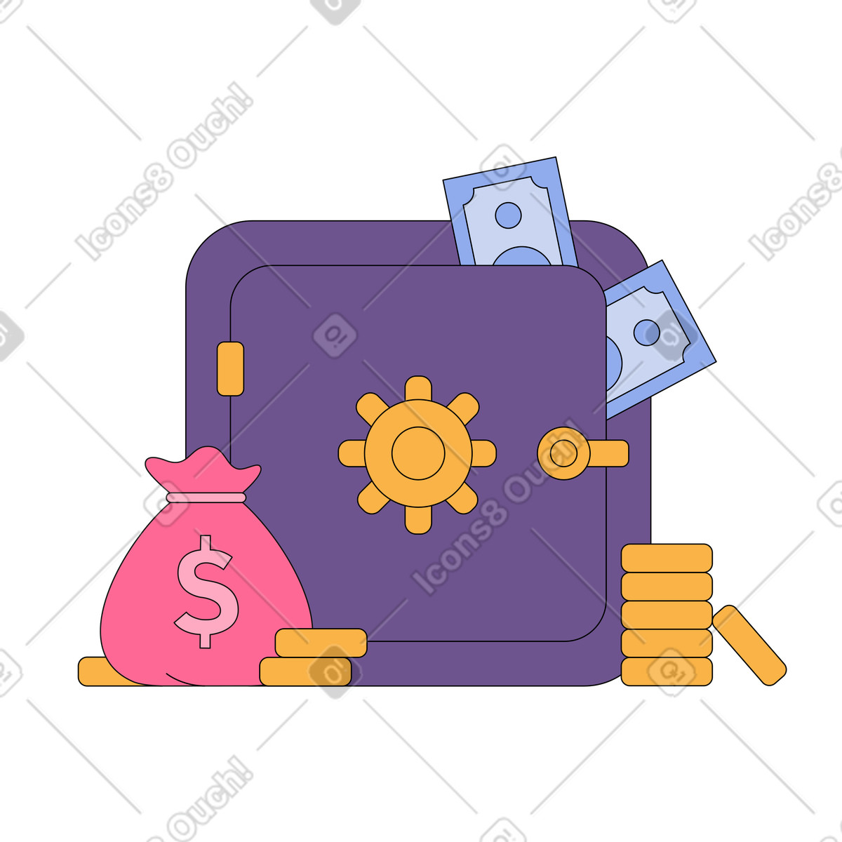 Sicher mit geld und einem geldsack-Illustration im Bloom-Stil als Download in PNG, SVG