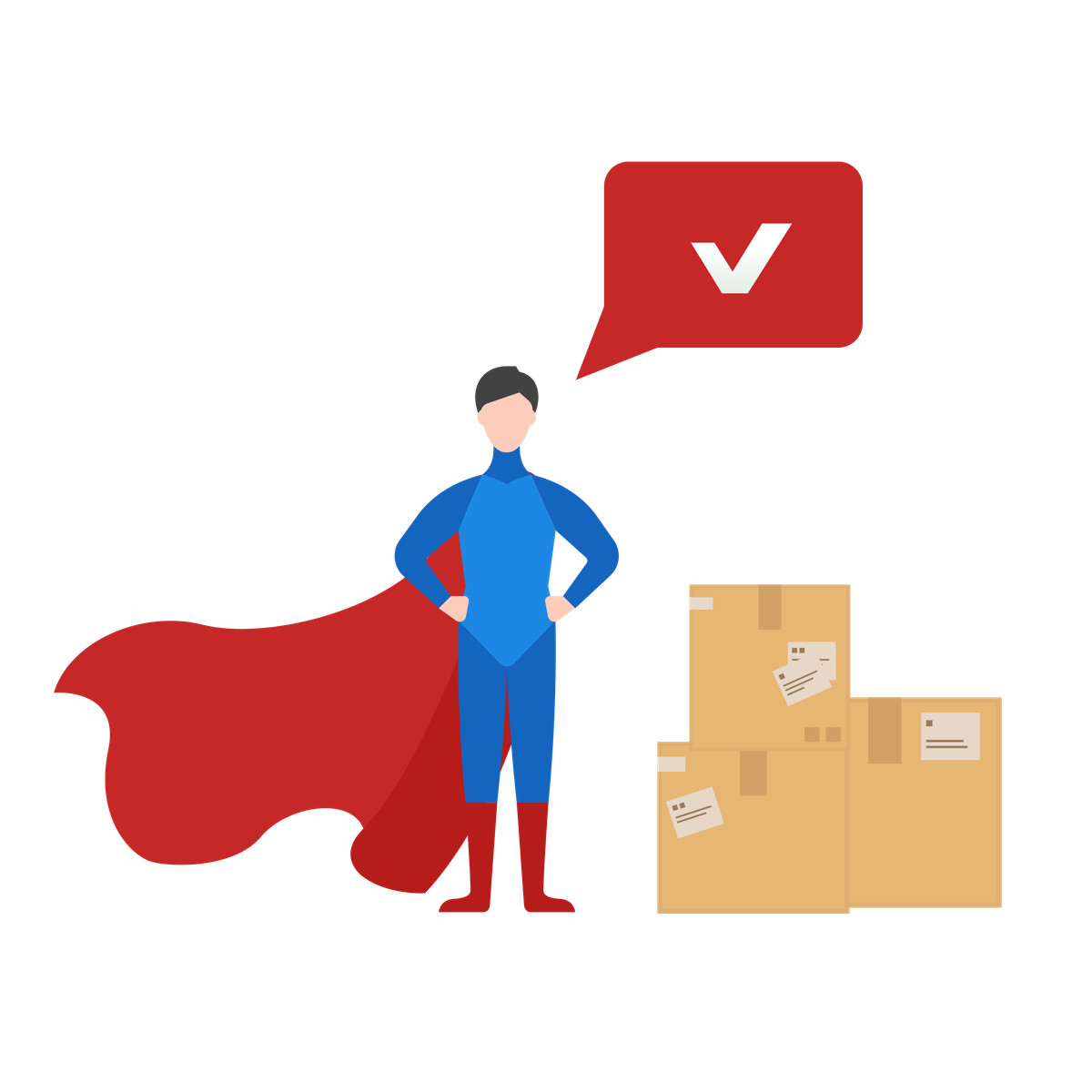 Superman next to a stack of boxes, finishing the delivery-Illustration im Fogg-Stil als Download in PNG, SVG