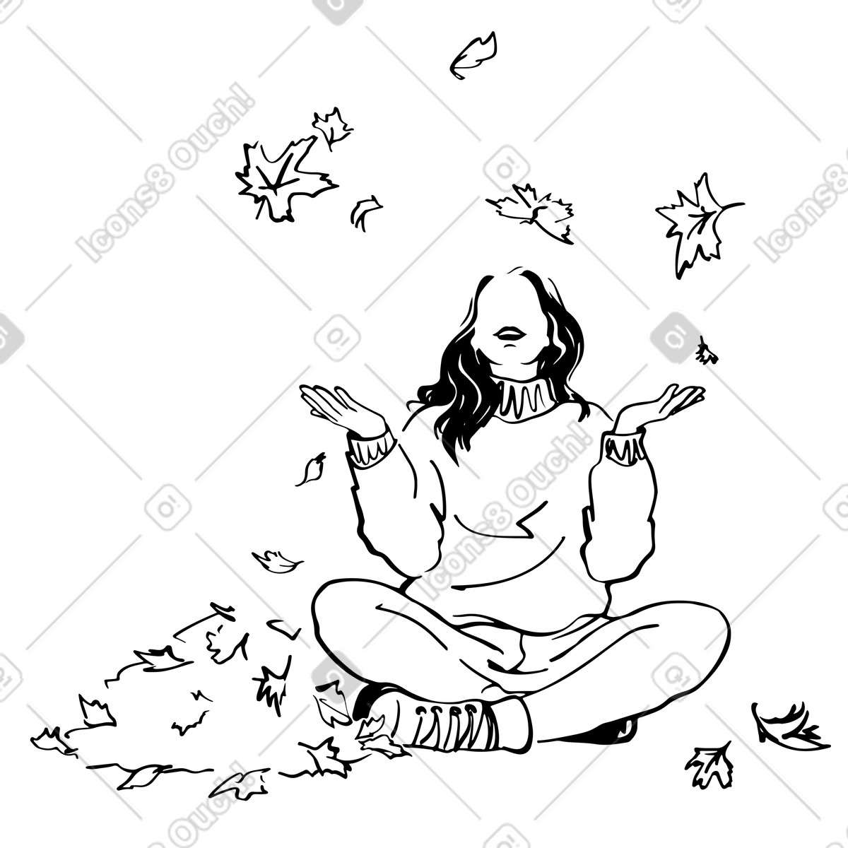 Sitting among falling autumn leaves, Mindful relaxation and seasonal wellness illustration in Line style download in PNG, SVG