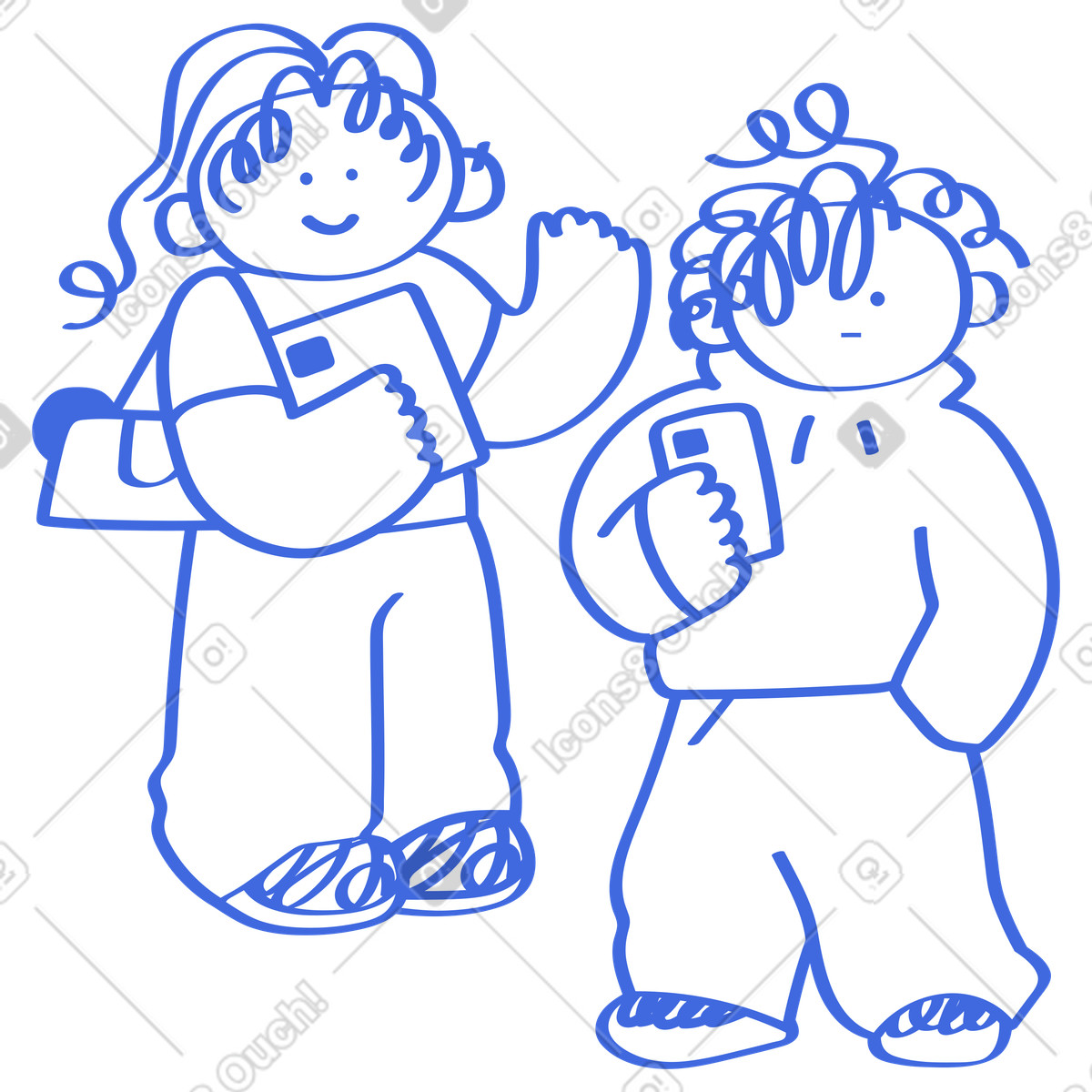 Teenagers holding smartphone and book wearing backpack hoodie together-Illustration im Ballpoint Pen-Stil als Download in PNG, SVG